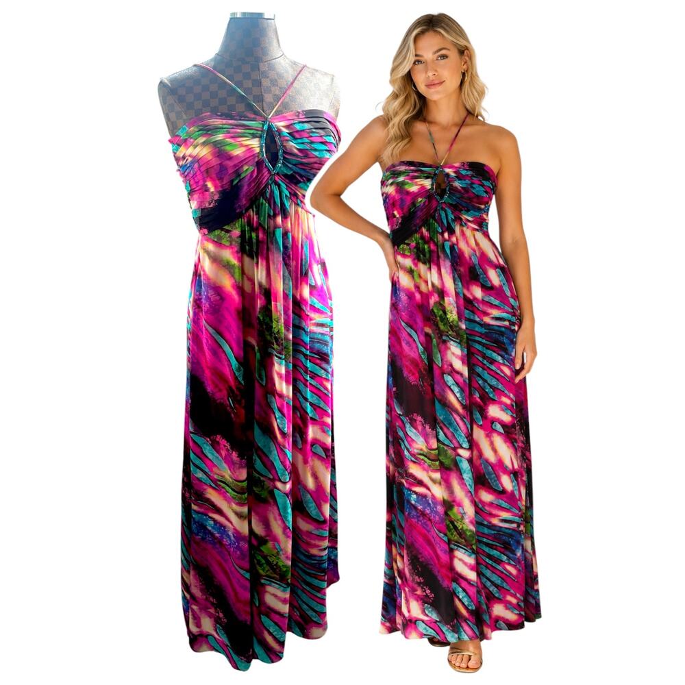 Betsy & Adam Maxi Dress Size 8 Pink Abstract Print Jeweled Empire Waist Formal
